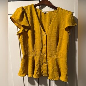 Boho Mustard Yellow V-Neck Button-Up Peplum style Blouse with Cap Sleeves